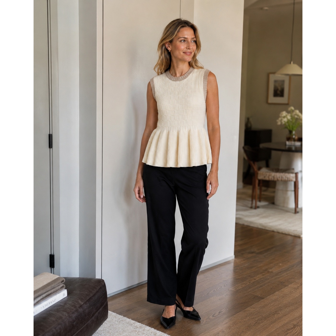 Brgger Bonnie Cream Peplum Knit Top L Xl Wool Cashmere Sweater Vest